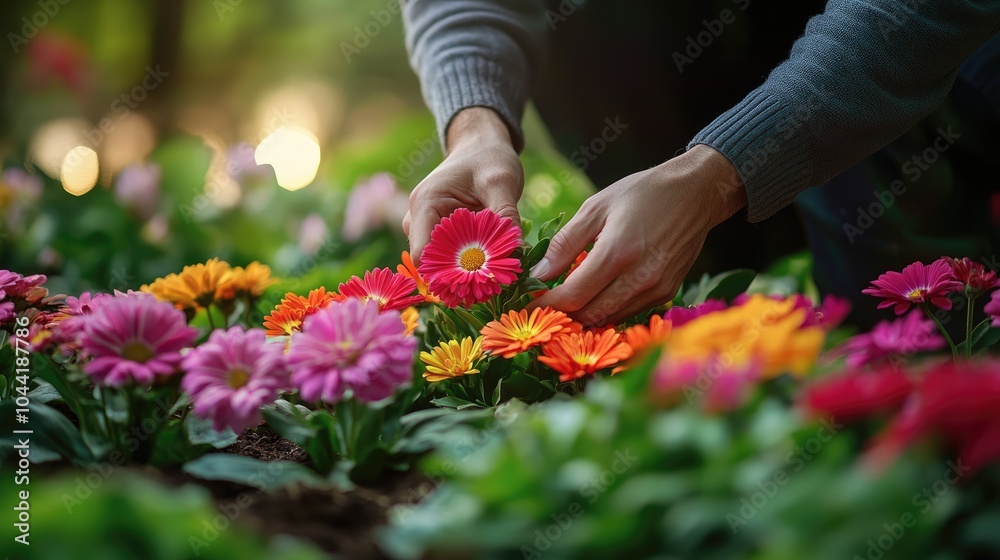 Close-Up of Hands Tending Vibrant Gerbera Daisies in a Lush Garden Setting During a Sunny Day Close-Up of Hands Tending Vibrant Gerbera Daisies in a Lush Garden Setting During a Sunny Day