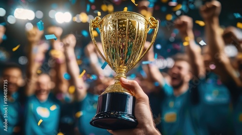 Close-Up of a Golden Trophy Held by a Victorious Team Celebrating a Championship Win with Confetti Falling in a Stadium