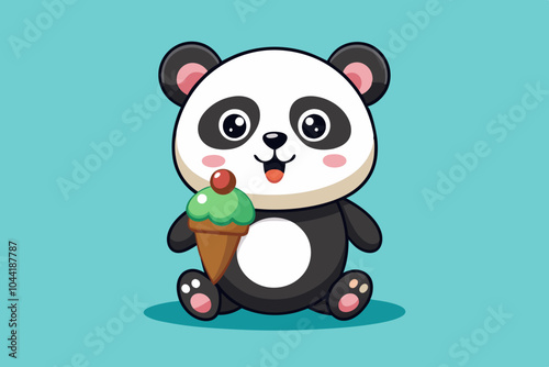  Cute panda eating ice cream vector art illustration