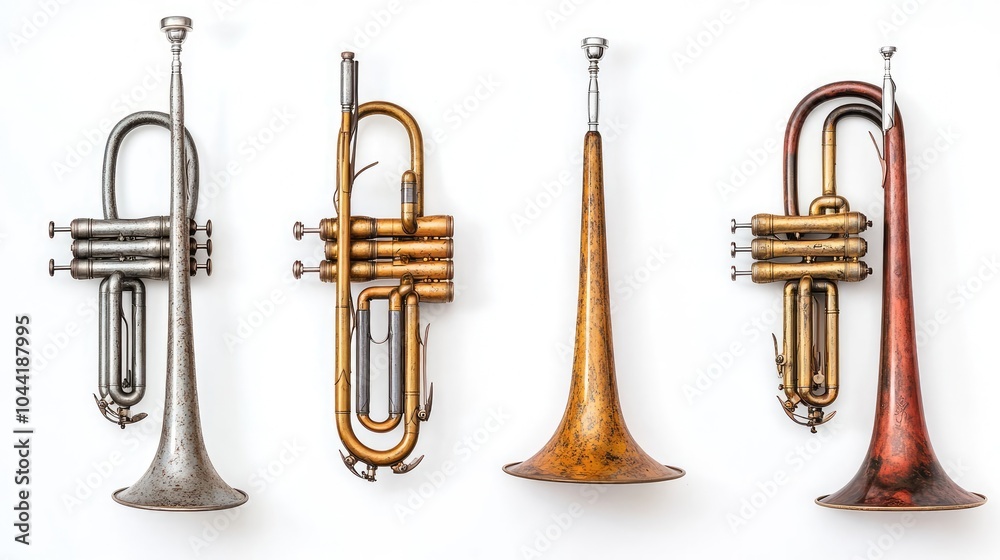 Fototapeta premium Different Types of Brass Instruments Displayed on a White Background Generative AI