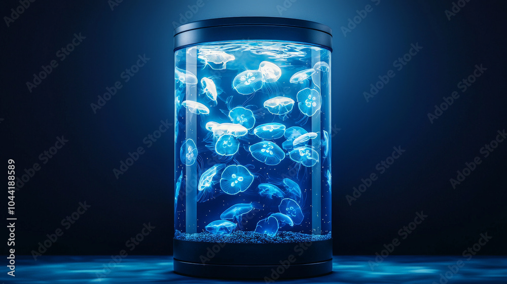 Stylized 3D illustration of moon jellyfish aquarium, showcasing vibrant jellyfish swimming gracefully in luminous blue environment. serene atmosphere captivates viewer Stylized 3D illustration of moon jellyfish aquarium, showcasing vibrant jellyfish swimming gracefully in luminous blue environment. serene atmosphere captivates viewer