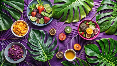 Exotic Tropical Food Photography with Modern Background and Bold Floral Patterns