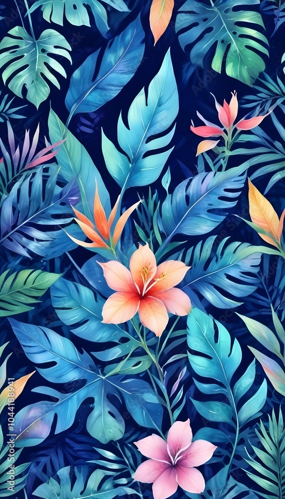 Tropical exotic pattern with animal and flowers in bright colors and lush vegetation