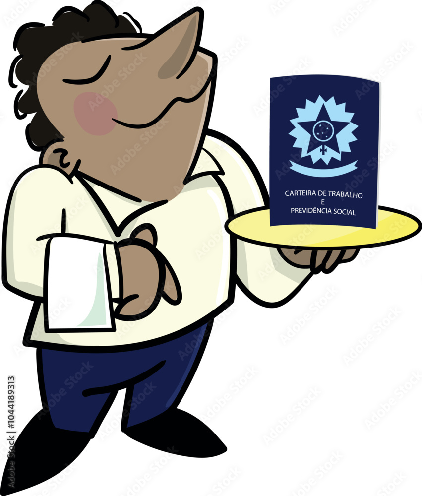 Garçom brasileiro segurando uma bandeja com a sua carteira de trabalho e previdência social em cima. Trabalho registrado - CLT