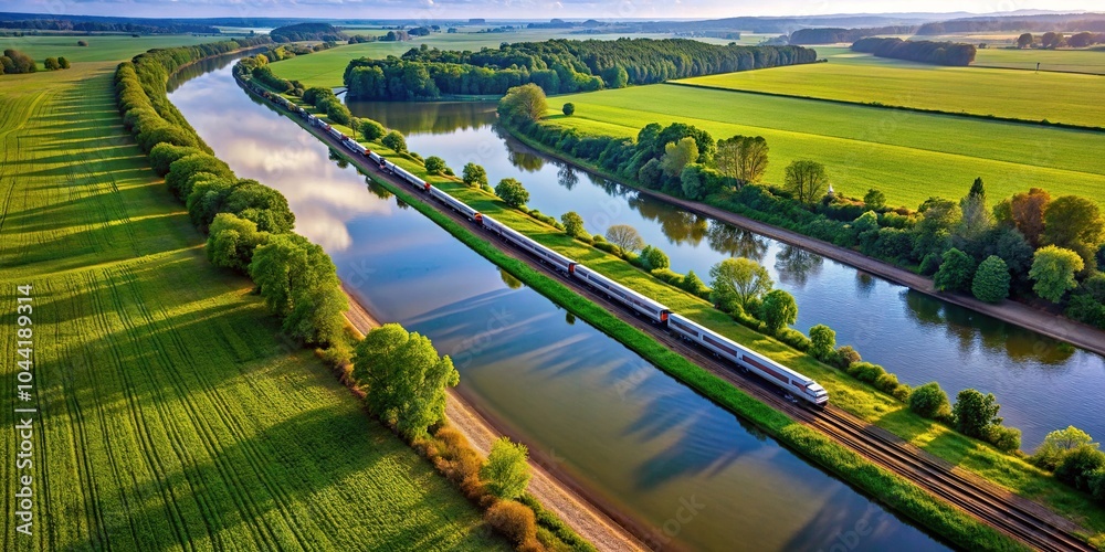 Fototapeta premium Scenic view of train by river and green landscape