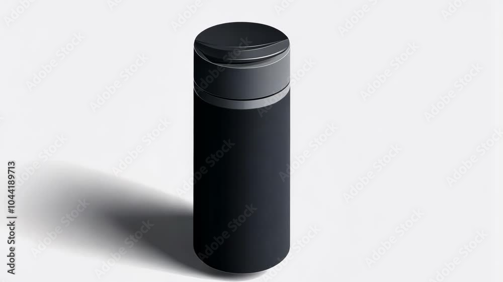 A black and silver water bottle sits on a white background A black and silver water bottle sits on a white background