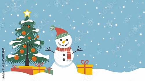 Christmas Background, Cheerful snowman with Christmas tree and gifts on a snowy background.