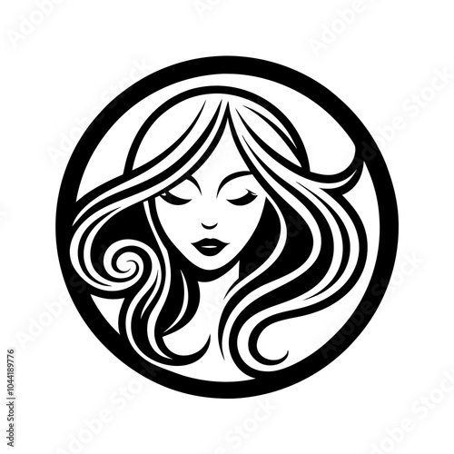 A simple round logo for a beauty salon with a beautiful girl with perfect hair.