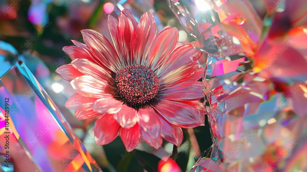 A pink flower with iridescent petals blooms in a field of crystal shards