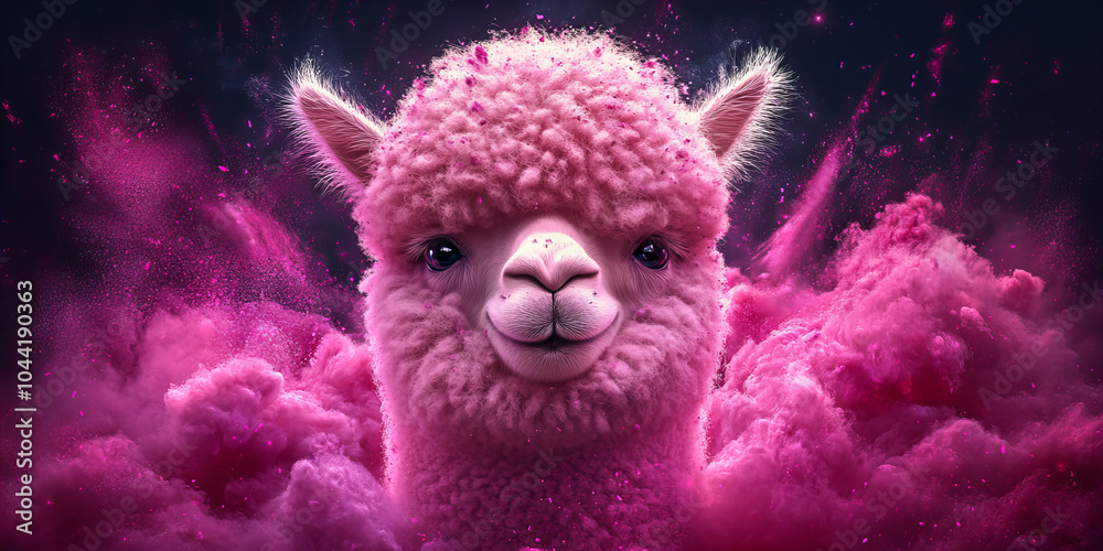 Fototapeta premium Banner of Pink Alpaca Surrounded by Vibrant Swirling Pink Clouds with Fluffy Texture on Dark Background to Create Dynamic Visual