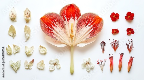 Dissected flower parts showing pistil, stamen, and petals arranged systematically on white background, botanical study