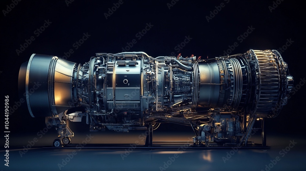 Big jet engine on a dark background close up with space for text or inscriptions. turbine engine
Big jet engine on a dark background close up with space for text or inscriptions. turbine engine