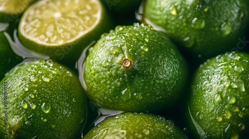 Close up macro shot of fresh green limes against water background and with water drops, slightly from above, with a single one cut in half. green background with limes 