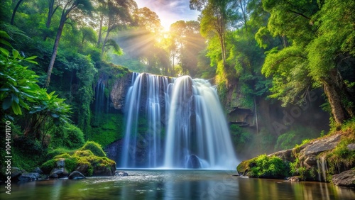 Scenic view of waterfall in lush forest at sunrise