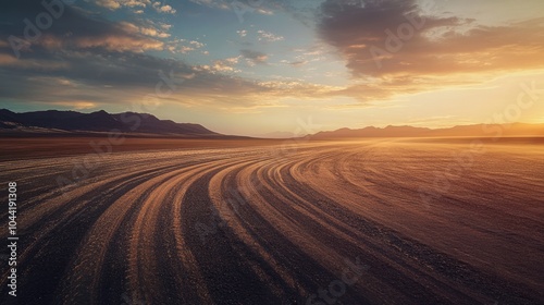 Fototapeta Naklejka Na Ścianę i Meble -  Desert race track for cars with visible wheel marks on the ground at sunset, copy space
