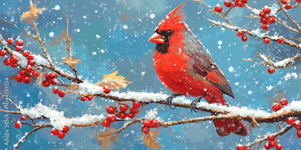 Painted illustration of red Cardinal bird resting on snowy tree branch with red seeds against blue background, copy space Painted illustration of red Cardinal bird resting on snowy tree branch with red seeds against blue background, copy space