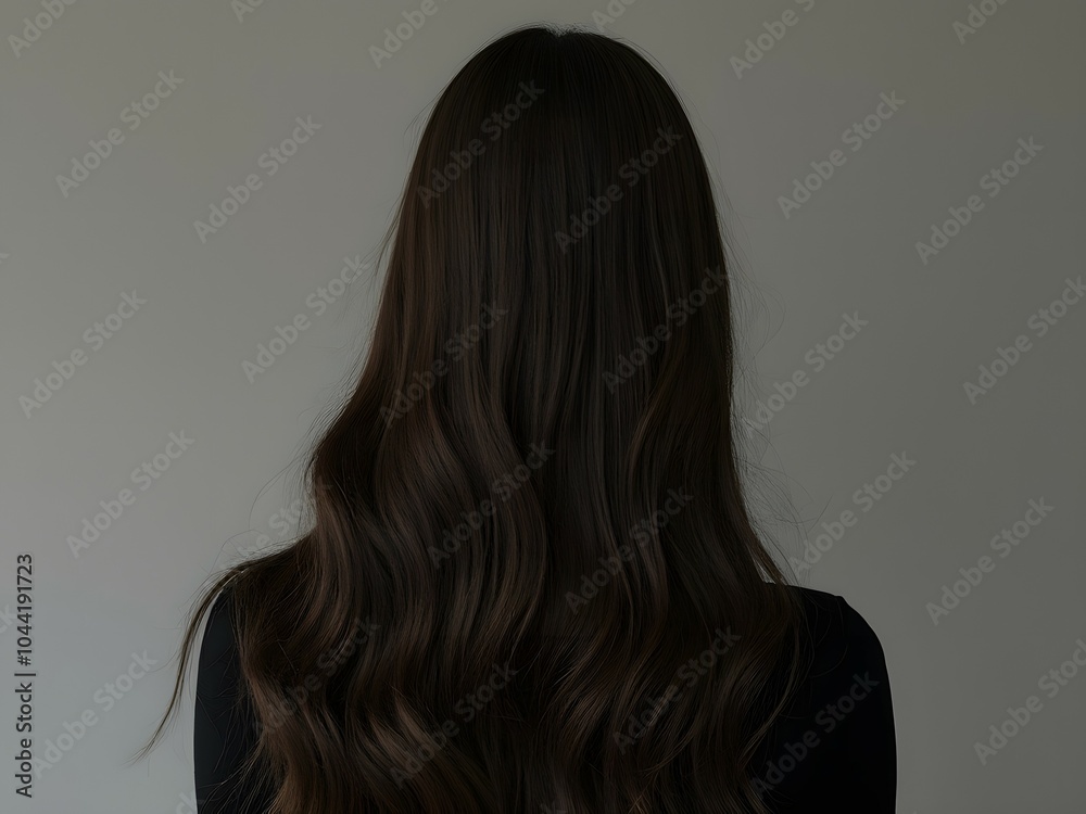 Fototapeta premium Natural long black wavy hair woman, back view