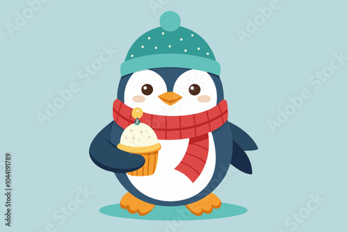  A cute penguin with a hat and scarf eats an ice cream 