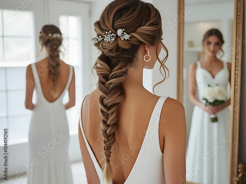 Elegant bride with beautiful braided hairstyle wearing white dress standing near mirror in bright room. Wedding hairstyle