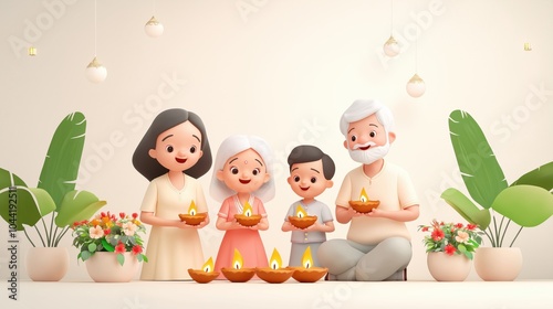 Happy family celebrating diwali with traditional diya lamps surrounded by lush plants