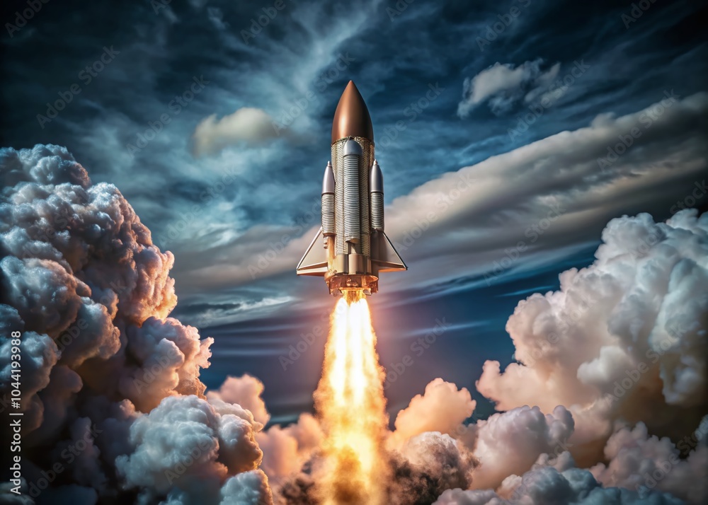 Fototapeta premium Golden Rocket Soaring Upward in Drone Photography Symbolizing Success and Ambition