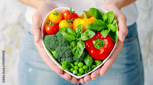 Fresh vegetables in a heart-shaped bowl with herbs and healthy food for a vibrant diet