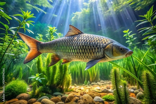 Grass Carp Ctenopharyngodon idella Swimming in Clear Water with Lush Aquatic Plants for Nature Enthusiasts and photo