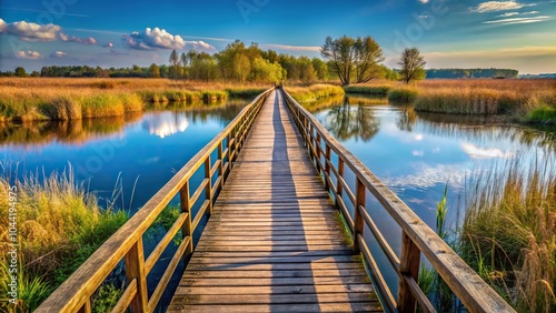 Scenic view of wooden bridge over marsh in Cybina River valley, Poznan photo