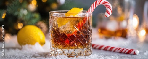 A classic Sazerac with rye whiskey, absinthe, and Peychaud s bitters, garnished with a lemon twist and served with a candy cane photo