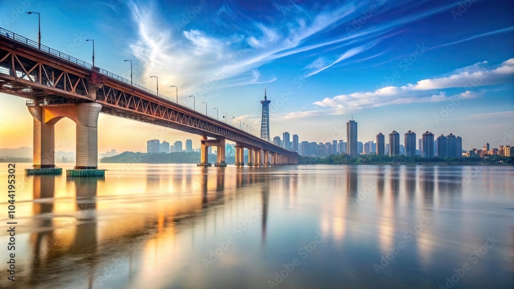 Scenic view of Wuhan YingWuzhou Yangtze River Bridge with forced perspective Scenic view of Wuhan YingWuzhou Yangtze River Bridge with forced perspective