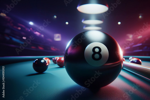 Black billiard ball number 8, сaptured from a lower angle, the moment's significance is accentuated. photo