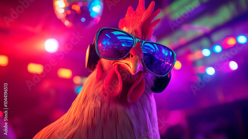Chicken wearing sunglasses at a colorful disco party