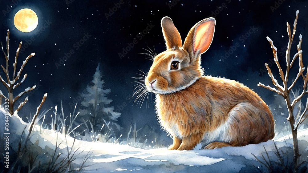 Cute Bunny Under the Moon - Watercolor Illustration Cute Bunny Under the Moon - Watercolor Illustration