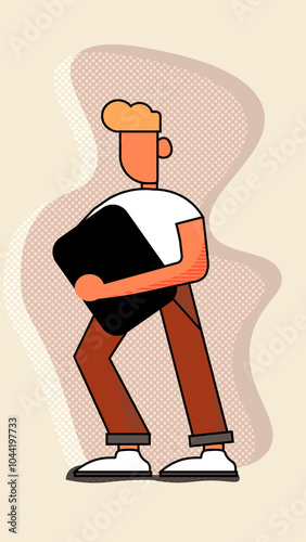 Flat illustration of a person holding a laptop under their arm | 2D, Pop Art, bright, colorful, neon, people |
