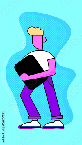 Flat illustration of a person holding a laptop under their arm | 2D, Pop Art, bright, colorful, neon, people |