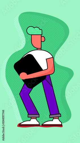Flat illustration of a person holding a laptop under their arm | 2D, Pop Art, bright, colorful, neon, people |