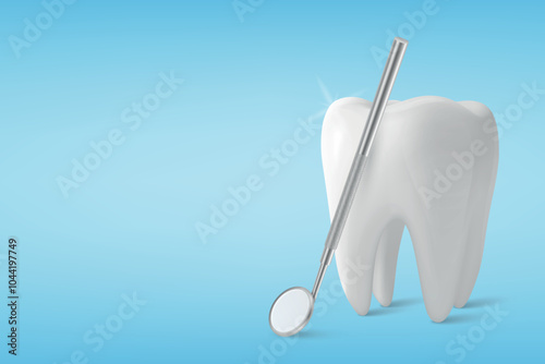 Vector 3D Realistic Tooth and Dental Mirror for Teeth Closeup Isolated on Blue Background. Medical Dentist Tool. Design Template, Clipart, Mockup. Dentistry, Healthcare, Hygiene Concept
