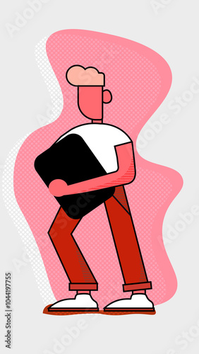Flat illustration of a person holding a laptop under their arm | 2D, Pop Art, bright, colorful, neon, people |