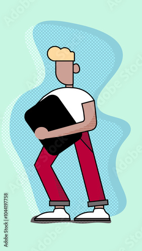 Flat illustration of a person holding a laptop under their arm | 2D, Pop Art, bright, colorful, neon, people |