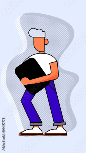 Flat illustration of a person holding a laptop under their arm | 2D, Pop Art, bright, colorful, neon, people |