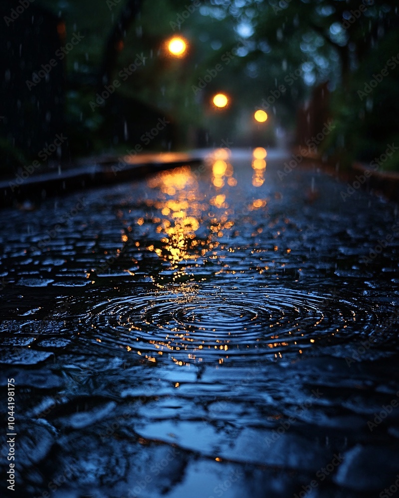 Fototapeta premium Raindrops on cobblestone street