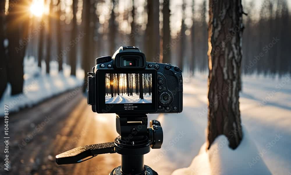 Sunset Winter landscape through SLR camera lens
