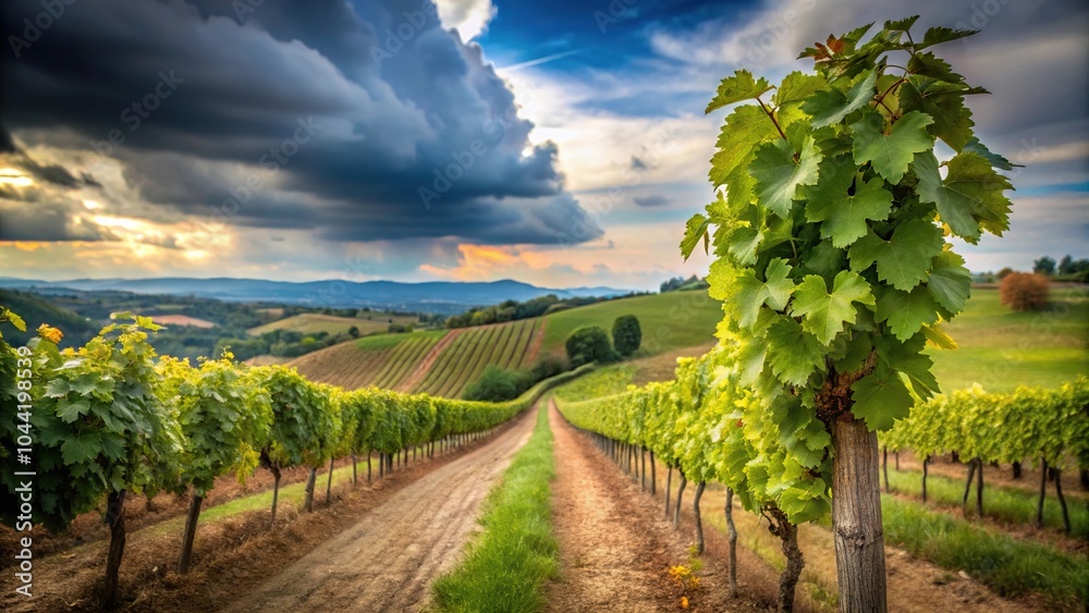 Naklejka premium Scenic vineyard landscape in Molise, Italy with tree leaves under cloudy and blue sky