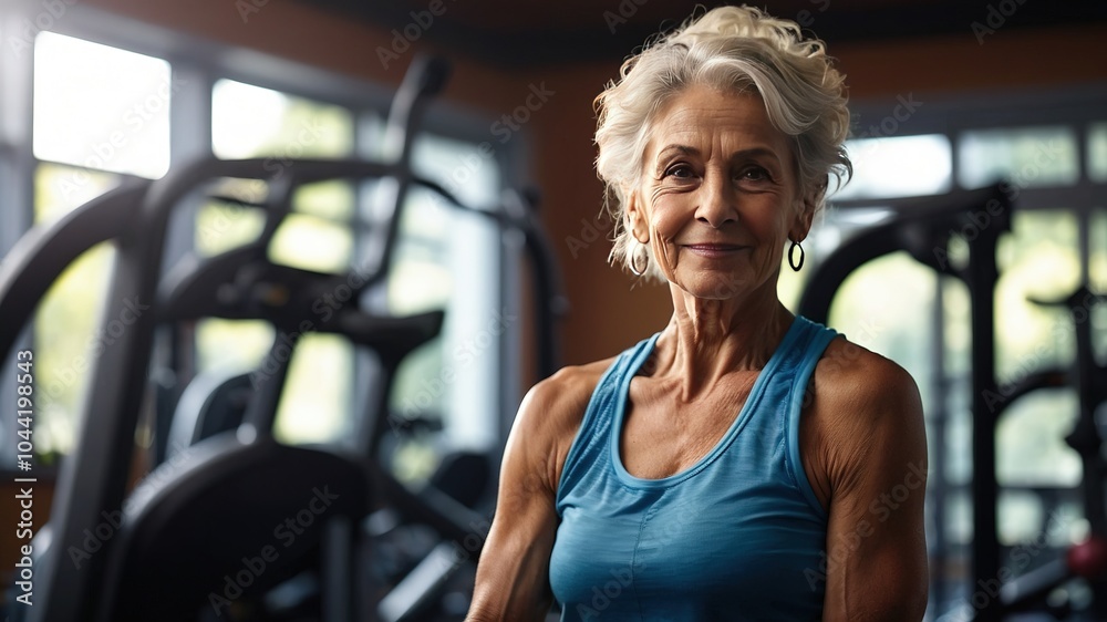 Obraz premium Empowering Home Gym: Positive Elderly Woman Exercising