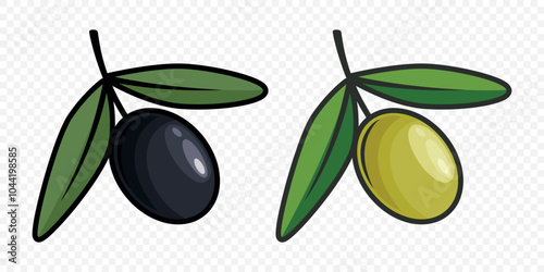 Flat Vector Green and Black Olives Outline Set. Hand-Drawn Olive Tree Berries Clipart. Olive Oil Products, Packaging, Food Design Template