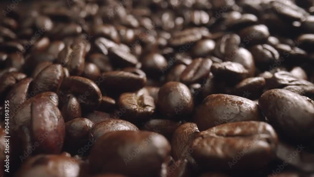 Moving camera of pile of blended coffee bean with brown background. Roasted coffee seed scatter around at wooden table. Close up of fragrant aromatic organic coffee beans placed on table. Comestible. Moving camera of pile of blended coffee bean with brown background. Roasted coffee seed scatter around at wooden table. Close up of fragrant aromatic organic coffee beans placed on table. Comestible.