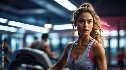 Fitness Motivation: Beautiful Woman Running on Treadmill at Gym