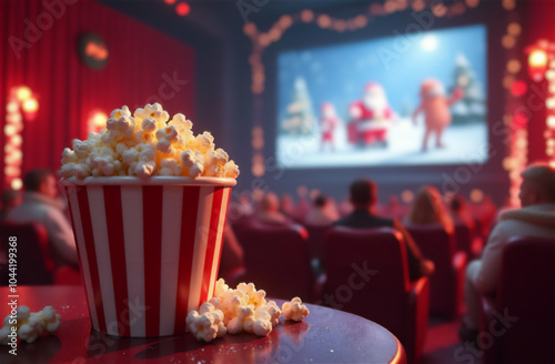 Popcorn in a cozy theater during a christmas movie screening with an audience enjoying the show