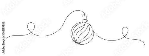 One Continuous line drawing of Christmas ball. Festive christmas tree bauble with ribbon in simple linear style. Editable stroke. Doodle oneline vector illustration
