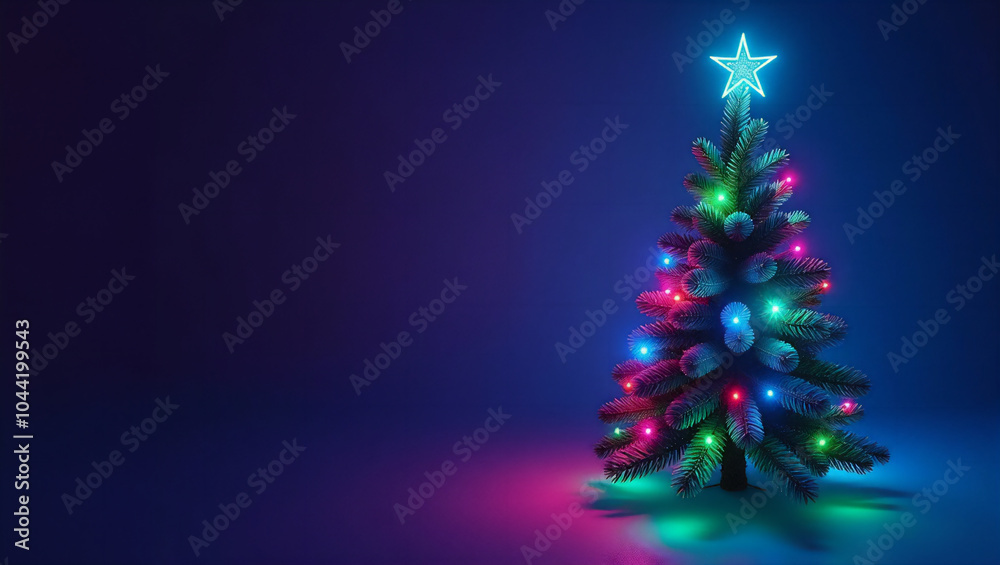 Obraz premium A decorated Christmas tree with colorful lights and a star on top in a dark backdrop with place for text